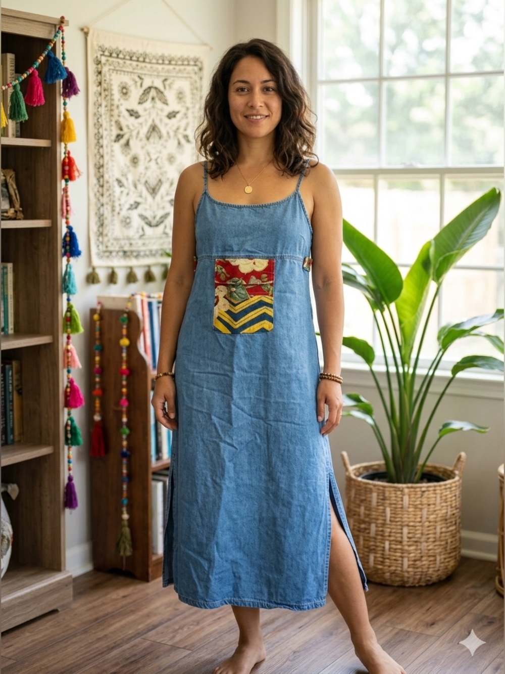 Denim Blue Midi Slip Dress with Patch Pocket